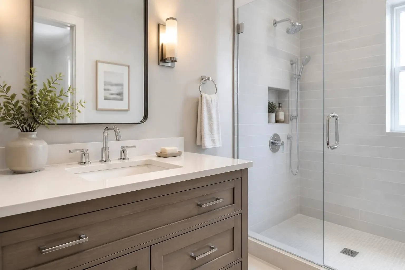 Finished bathroom with a wood vanity and a glass shower